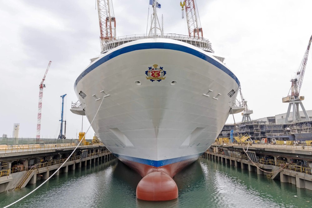 oceania cruises' allura cruise ship floating out at shipyard