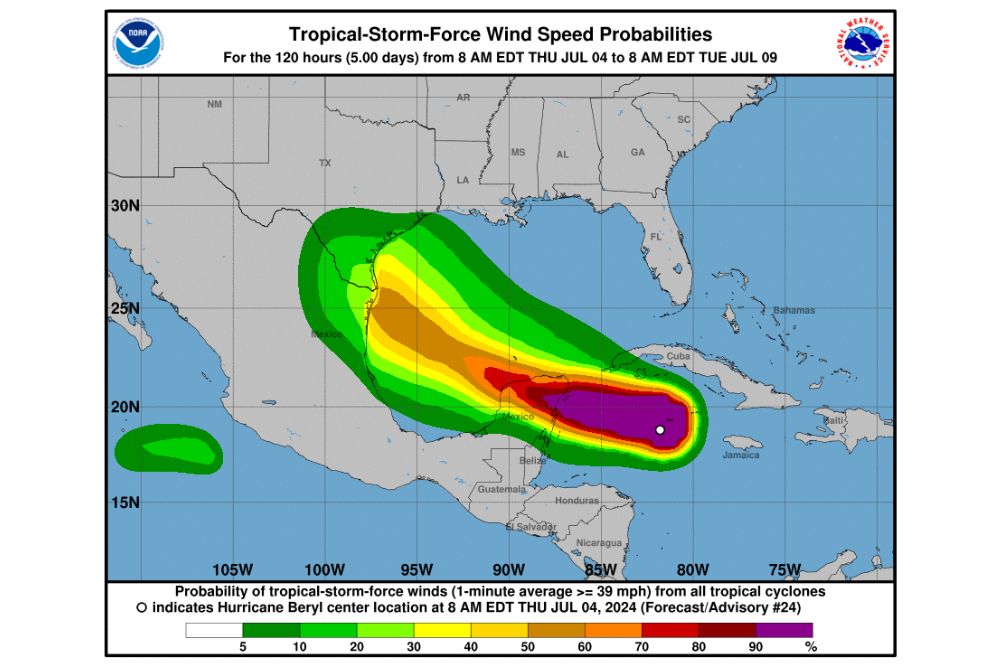 Hurricane Beryl wind speed map