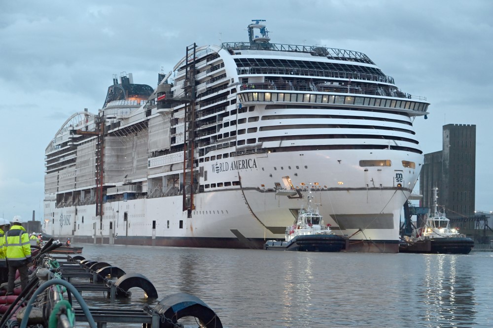 msc world america floating out at shipyard