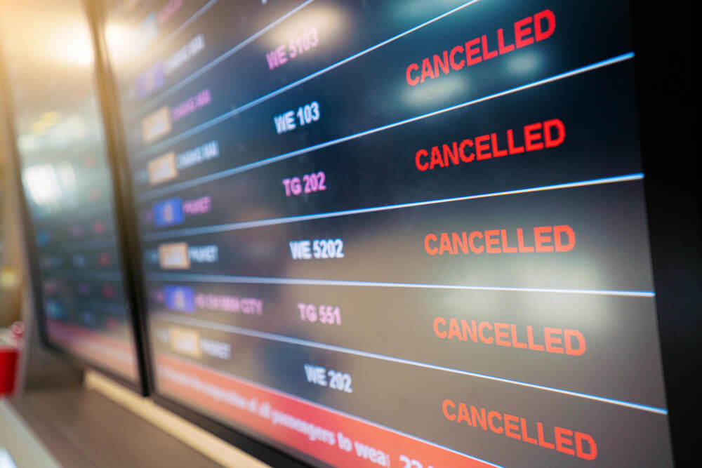 Cancelled flights on airport screen