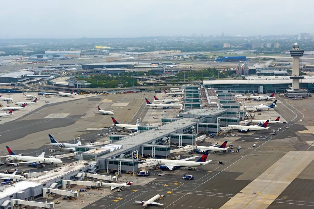 Aerial view of planes lined up at JFK Airport