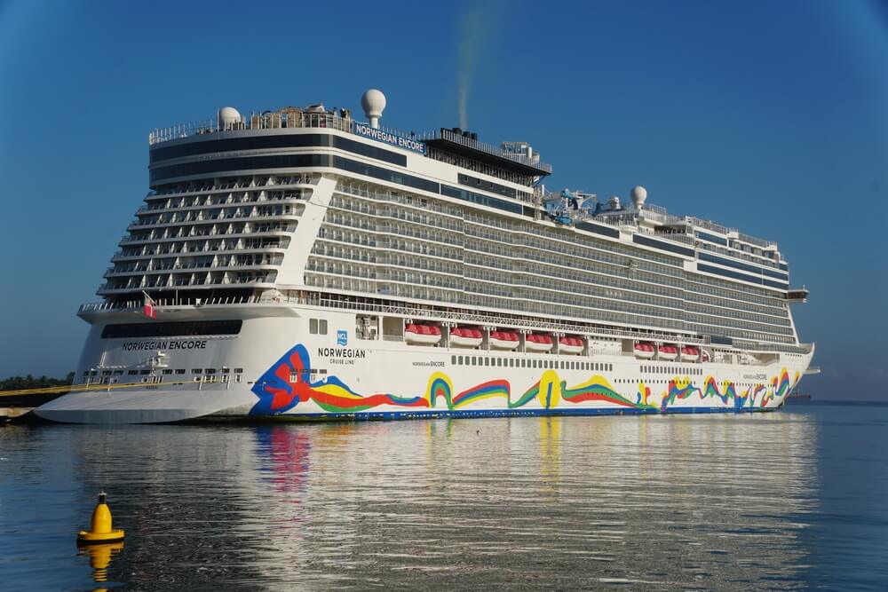 Norwegian Encore floating in the water off the Dominican republic