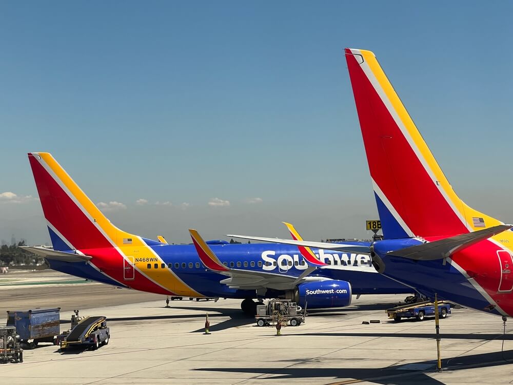 Southwest Airlines wing tips on runway