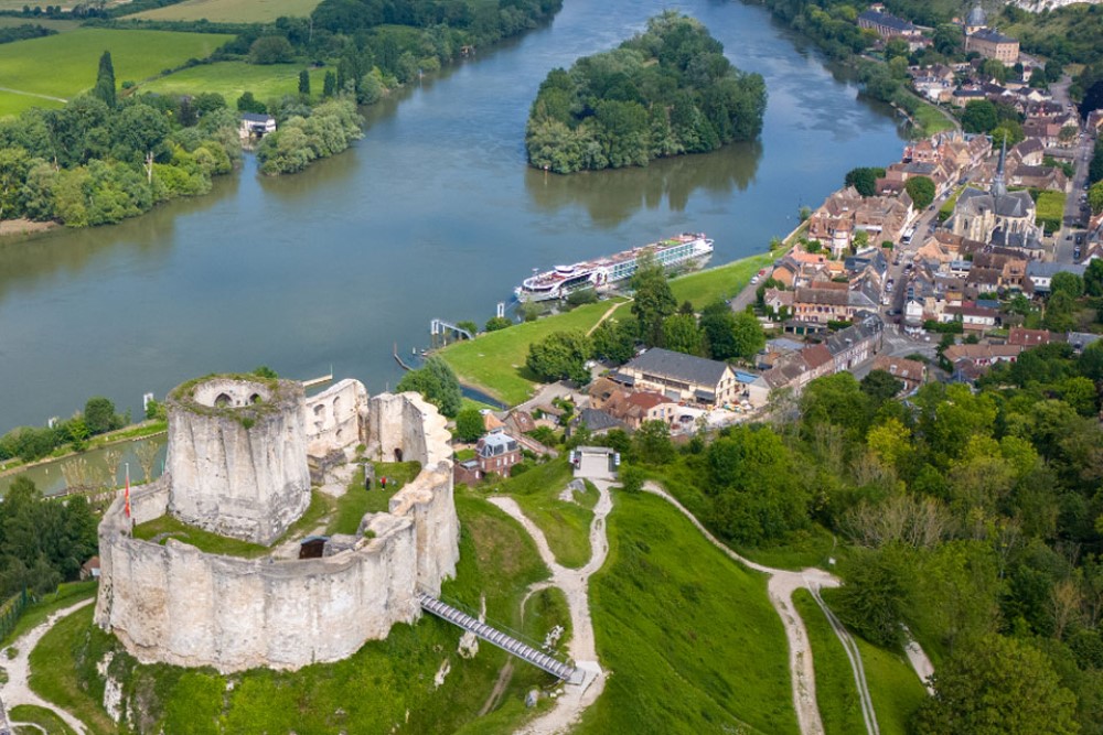 Tauck river ship on the River Seine at Les Andelys Chateau Gaillard