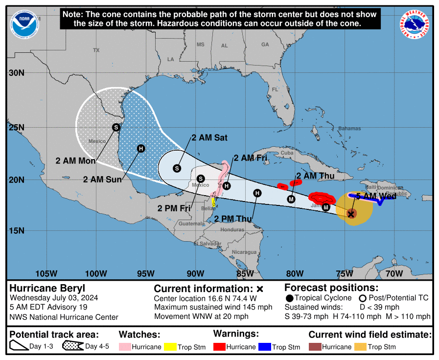 Wednesday July 3 prediction of Hurricane Beryl from the NHC 